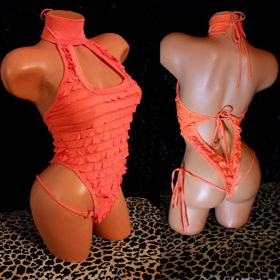 Carnival, One Piece thong, Flamingo, Stripper Outfit , matching thong.  4Way Stretch, Neon Orange, Green Ruffle, Hand Made, Mock Turtle Neck