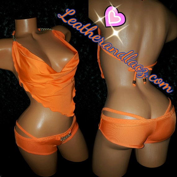 Draping Halter Top, w/chain or called Cow Neck Halter and Booty Shorts (boy shorts) Custom Made to Order Quality Spandex