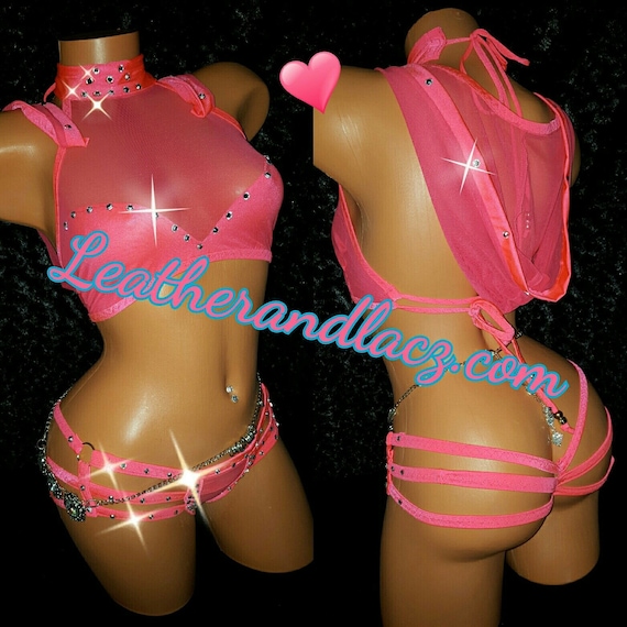 Net, Mesh, Black, Hoodie Outfit with 3 Strappy Thong, Top, Rhinestones Exoticwear, Stripper Clothes, Hand Made, Crystals,Neon or Black. Red