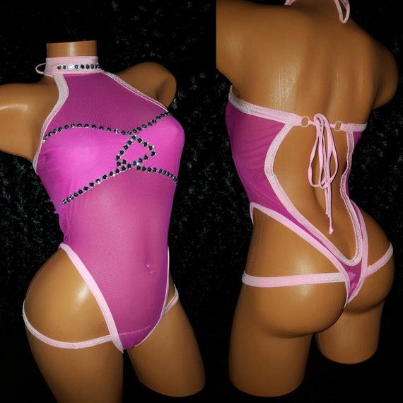 Pink and Fuchsia One Piece Stripper Outfit with Lined Breast and Thong, Low Plunging Back, Rhinestones, High Collar, Mock Turtleneck, Adjust