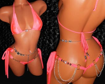 Two Piece Bikini w/ wide hole ceramic beads and stones. Custom Made, Exotic Dancewear,  Tie-on-the-Side Thong w/chains, embellished, Sexy