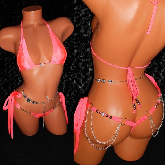 Two Piece Bikini w/ wide hole ceramic beads and stones. Custom Made, Exotic Dancewear,  Tie-on-the-Side Thong w/chains, embellished, Sexy