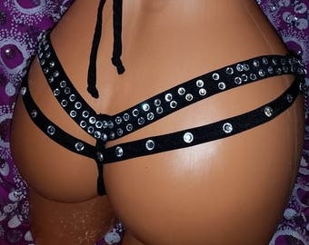Stripper Outfits, Etsy Thong Two Strap Thong with Rhinestones Exotic-wear, Stripper Clothes, Pole Dancer thong only,