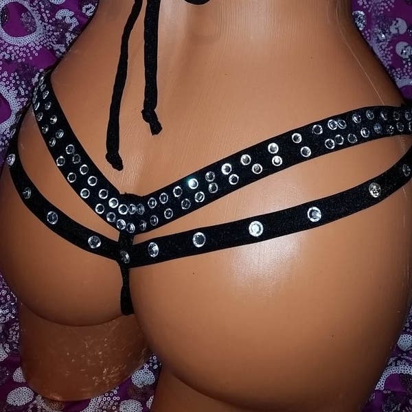 Stripper Outfits, Etsy Thong Two Strap Thong with Rhinestones Exotic-wear, Stripper Clothes, Pole Dancer thong only,