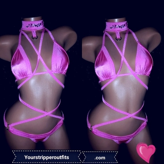 Full Bottom Triangle Top Set with body Cage Ties and Choker w/Stones Exotic-wear Custom Made Professional Stripper Clothers