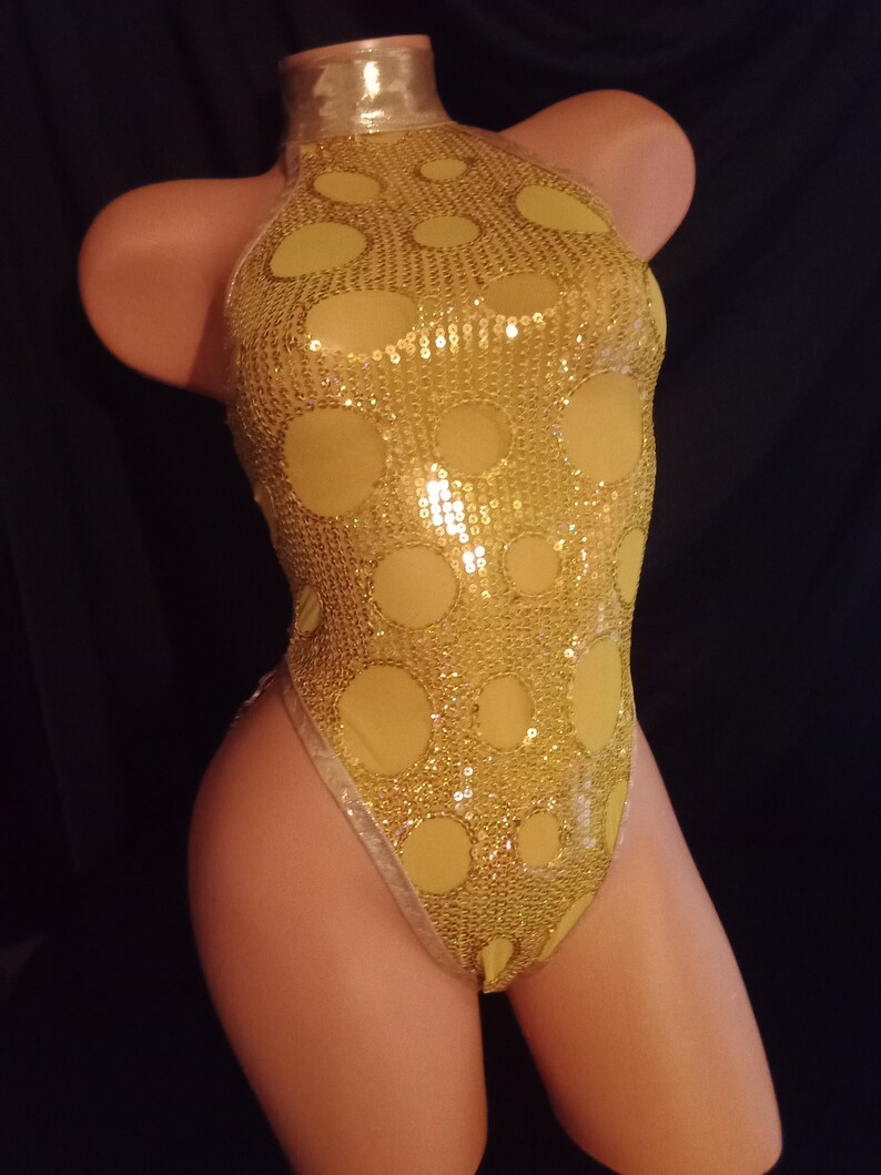 Stripper Exotic Dancer, Monokini, Romper, Onesie, Thong, One Piece, Sequins, Gold, Stretch, Custom Made Stripper Clothes, Lingerie, image 3