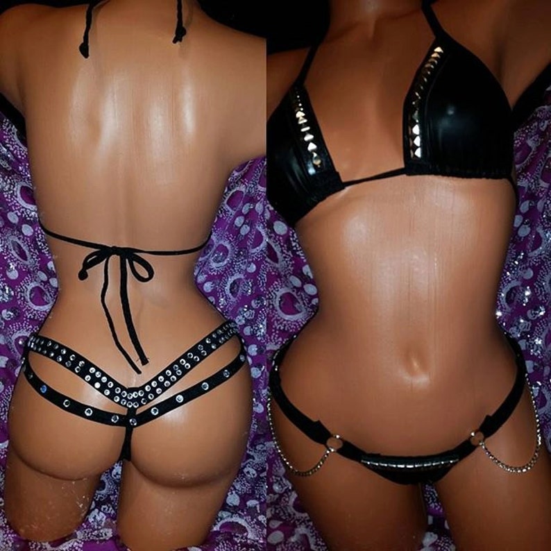 Two Piece Thong Set Double Strap Thong, Yaya Han Vinyl Leather Look Cosplay Fabric, & Chains, Rhinestones, Studs image 4