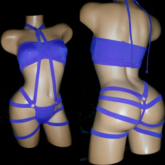 Purple passion Quad Thong Cage with thong & Scrunch Tube Top.  Exotic Dancewear, Stripper Outfit, Custom Made to Order, Rhinestones Optional