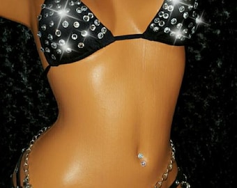 Rhinestone Stripper Outfit, Triangle Top, Quad Thong Set w/Choker