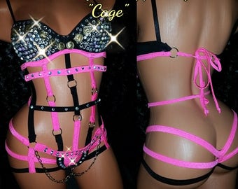 Hot Pink and Black Underwire bra with Cage Stripper Outfit Gold Coins, Exoticwear, Stripper Outfit, Etsy hand made customized Burlesque