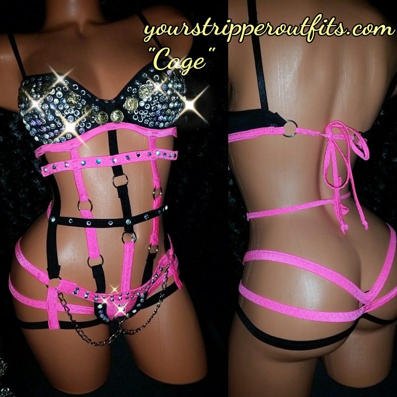 Hot Pink Cage Bra Set: Exotic Stripper Outfit with Gold Coins image 1
