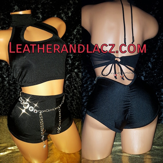 Low V-Back High Waist Booty Shorts Any Color Belly Chain Sold Separately.  Crop Top w/Hole Adjustable.  Exoticwear, Club Hand Made