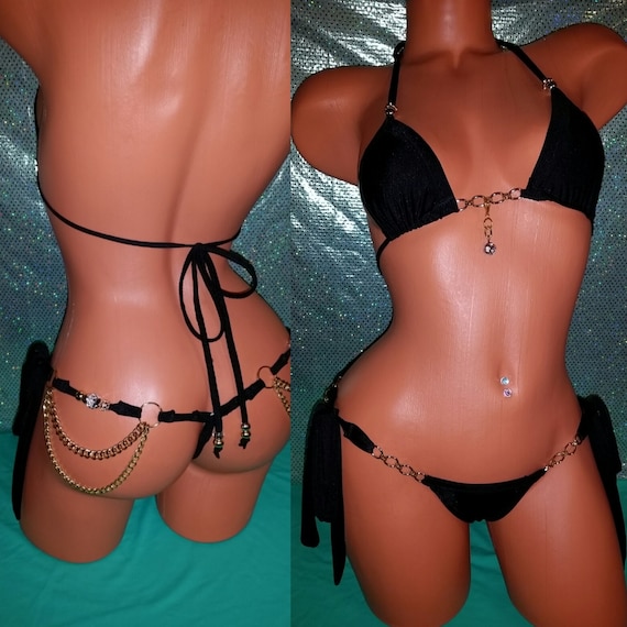 Two Piece Bikini w/Quality Crystal Stones, Crystal Beads. Custom Made, Exotic Dancewear,  Tie-on-the-Side Thong w/chians.