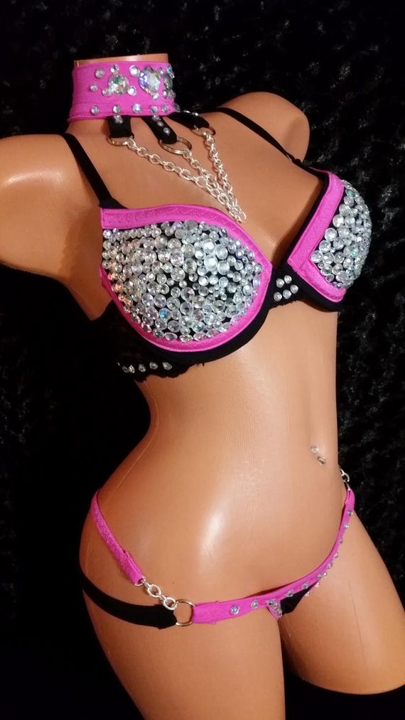 Etsy Bra Black Rhinestone Stripper Bra, Rave Bra Set, Thong, & Choker.  Iridescent stones.