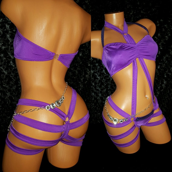 Purple passion Quad Thong Cage with thong & Scrunch Tube Top.  Exotic Dancewear, Stripper Outfit, Custom Made to Order, Rhinestones Optional