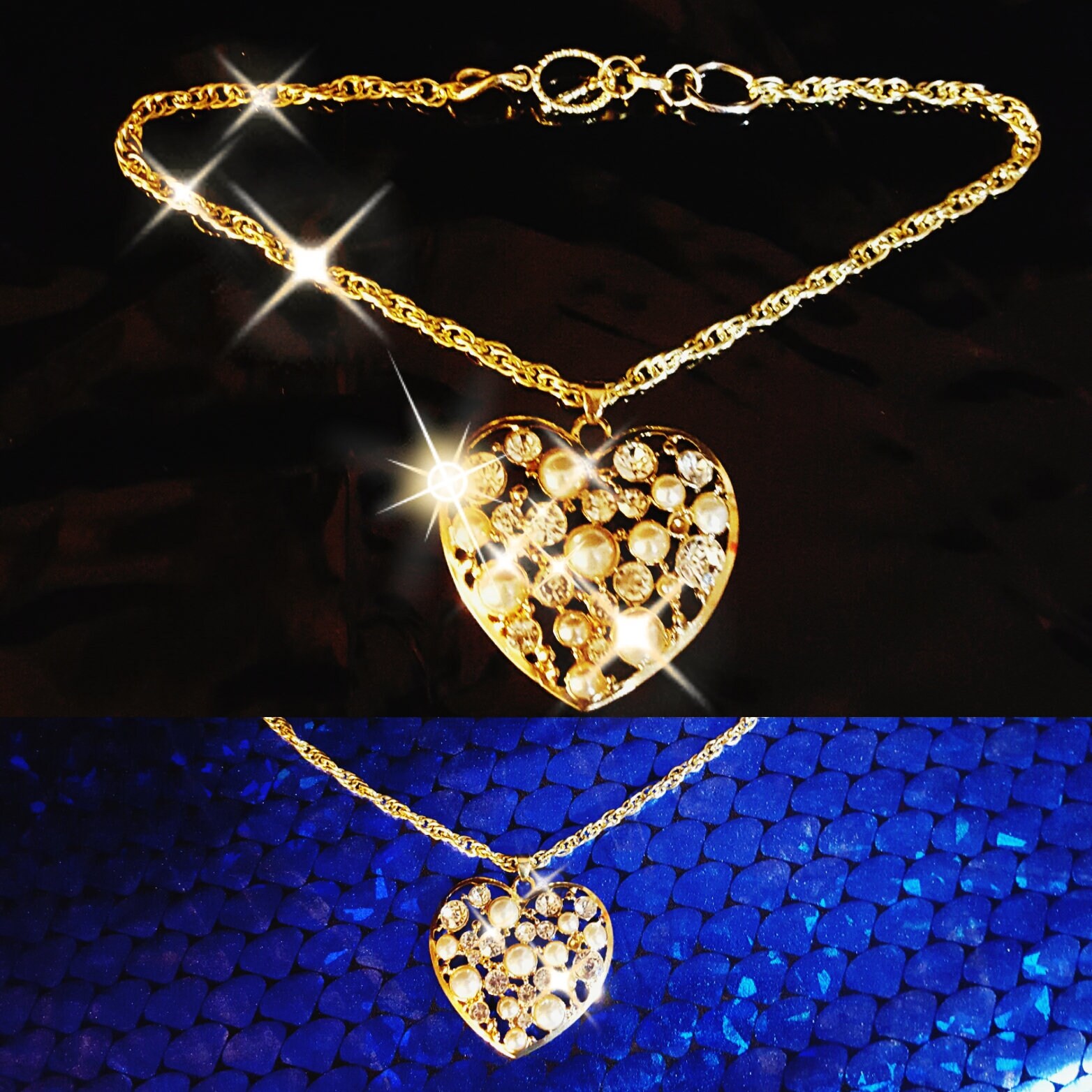 Gold Rhinestone and Pearl Costume Heart Pendant Choker on rope chain