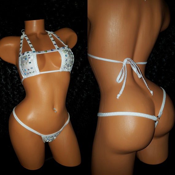 Two Piece Thong Set Rectangle Top with Rhinestones or Crystals, Exotic Wear, Stripper Outfit, Neon Colors, Black, More, Hand Made Shine,Glow