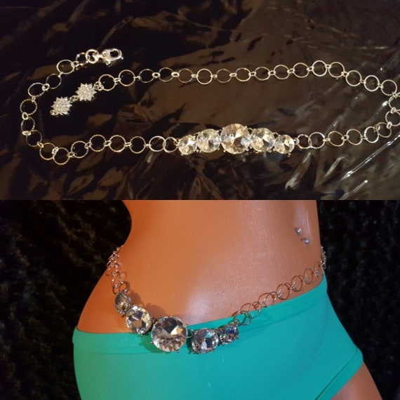 Body Jewelry, Waist Chain, Bling, Bling, Silver Super-Large Rhinestones 30" to 37" adjustable Lengeth Circle Chain Silver