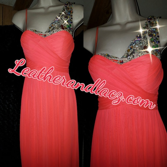 Rhinestone Gown Translucent Stones are sewn.  Neon Coral Prom Gown Brand New.