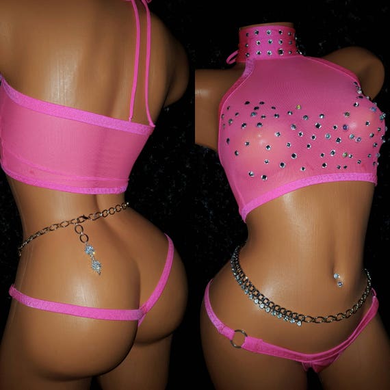 Elegant Mesh Thong Set, Stripper Outfit, See-through Adjustable with Rhinestones any color Exotic Dance-wear