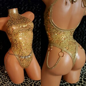 Stripper Exotic Dancer, Monokini, Romper, Onesie, Thong, One Piece, Sequins, Gold, Stretch, Custom Made Stripper Clothes, Lingerie, image 10