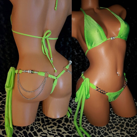 Two Piece Quality Handmade Exoticwear , Ceramic Beads. Chains, Embellished,Long Ties-on-the-Side Thong,Triangle top Stripper Outfit Lingerie