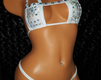 Two Piece Thong Set Rectangle Top with Rhinestones or Crystals, Exotic Wear, Stripper Outfit, Neon Colors, Black, More, Hand Made Shine,Glow