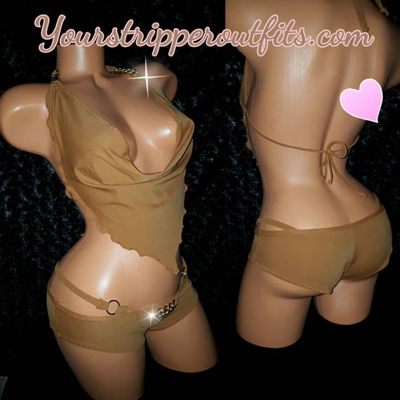 Nude Draping Cow Neck Halter Top, and Booty Shorts (boy shorts) Custom Made to Order Quality Spandex, White, and more colors available