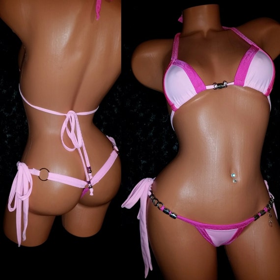 Two Piece Bikini w/Quality Crystal embellishments, Long ties, Custom Made, Exotic Dancewear, Stripper Outfit, High End exotic Costume