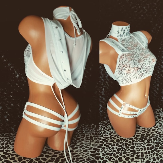 Sexy Hoodie Outfit with 3 Strap Thong and Crop Top Rhinestones, Sequins Stretch Lace 4-way, Hand Made, Stripper, Exotic-wear, Custom