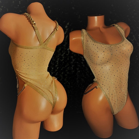 One Piece Metallic Gold Sexy Power-net Teddy. Gold Chunky Chains on Hips  and Straps.  Exotic-wear, Stripper Outfit Custom Made to Order