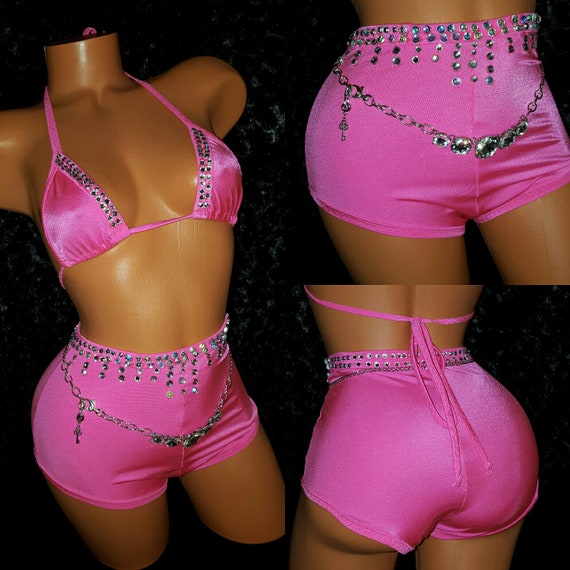 Etsy Hand Made Exoticwear Authentic Crystal Rhinestones Booty Shorts, Triangle Top, Pole Dance Outfits, Stripper Clothes, Sexy Stretch Fits