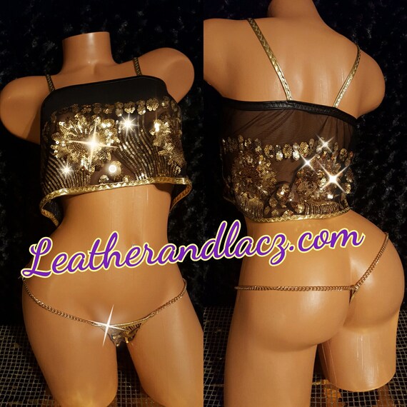 New Princess Midriff Stripper Outfit, One of a Kind, High End Gold Sequins Spaghetti Strap See Thru Top Loose Fit w/Tiny Gold Chain Thong