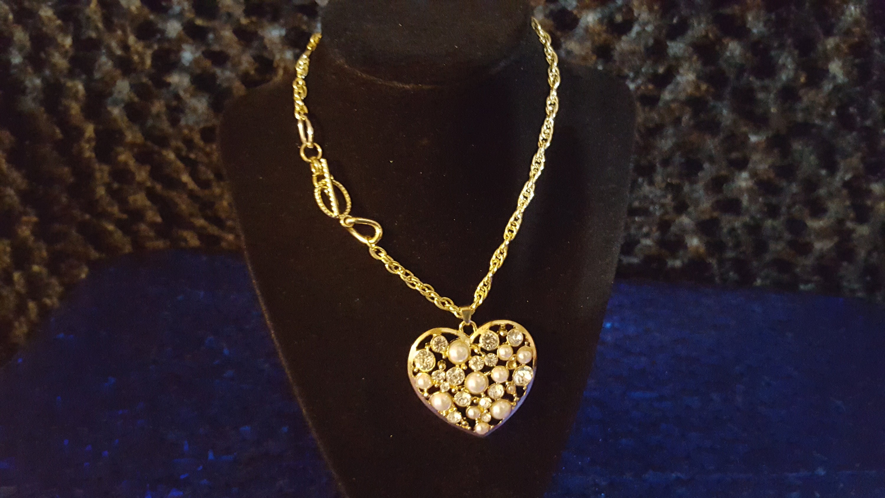 Gold Rhinestone and Pearl Costume Heart Pendant Choker on rope chain