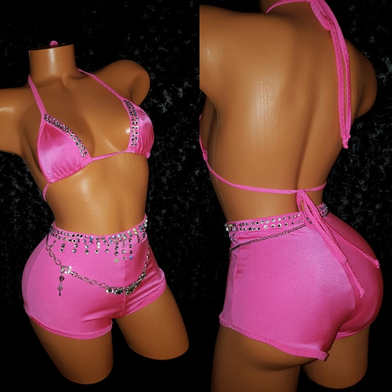 High Waist Booty Shorts, Exotic Dancewear w/Stones, Stripper Outfit, Triangle Top, Sexy Club-wear Custom Made Adult-wear, High Quality