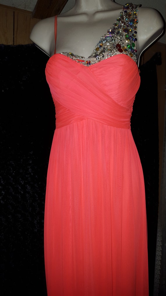 Rhinestone Gown Prom Dress Translucent Stones are sewn.  Neon Coral Formal Wear Brand New.