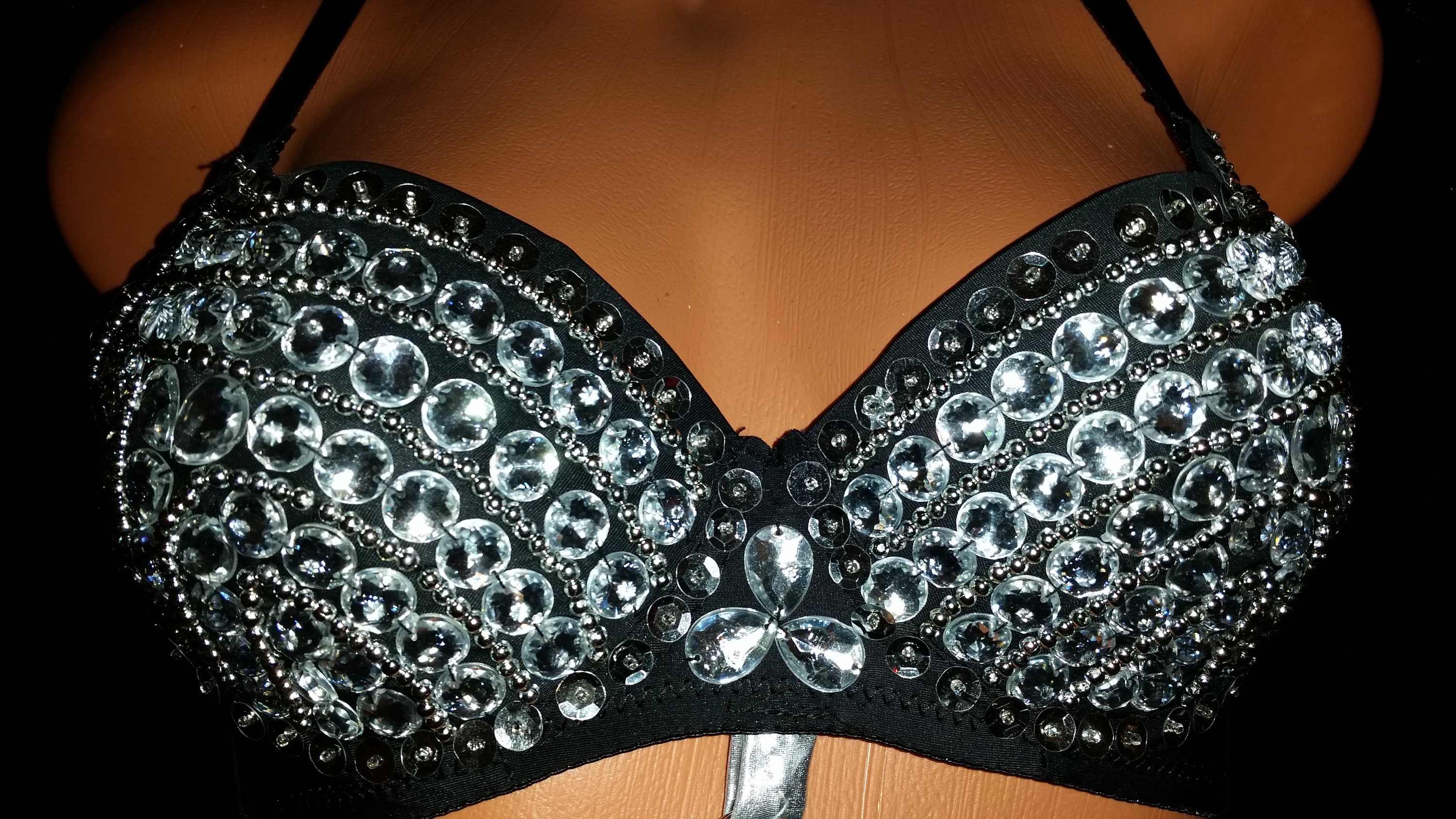 Rhinestones Black Bra w/chain HiWaist Booty Shorts, Thong, See Thru Pole  Dancer Outfit, Stripper Clothes, High Class Costume Hand Made