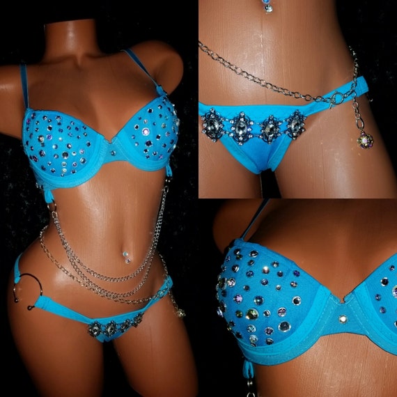 Rhinestone Bra Set w/crystal embellished Thong Exotic-wear, Stripper Outfits, Custom Made, Push-up, Padded, Underwire Rave Bra, Bedazzled