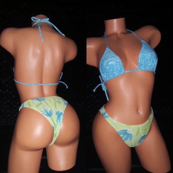 Swimwear Two Piece Bikini Exotic-wear Stripper Outfit Full Bottom or Thong Bathing Suit Neon Green & Blue, Swimwear, Swimsuit Free Shipping