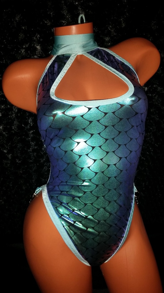 Exotic wear, Ocean Blue "Scales" Yaya Han Cosplay Fabric and See Thru Net One Piece, Chain, Classy,  Stripper Outfit. Hand Made