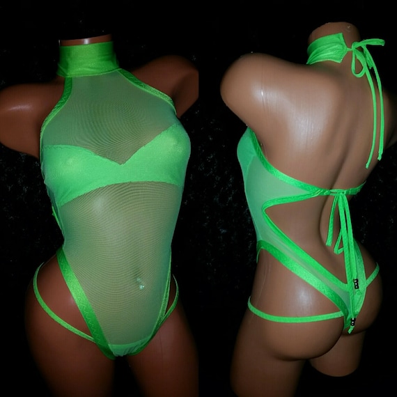 Net Onesie and Thong authentic Hand Made Pole Dance Matching Thong Custom Made, Stripper Outfit, Exotic Dancewear, Hand Made,Glow, Neon