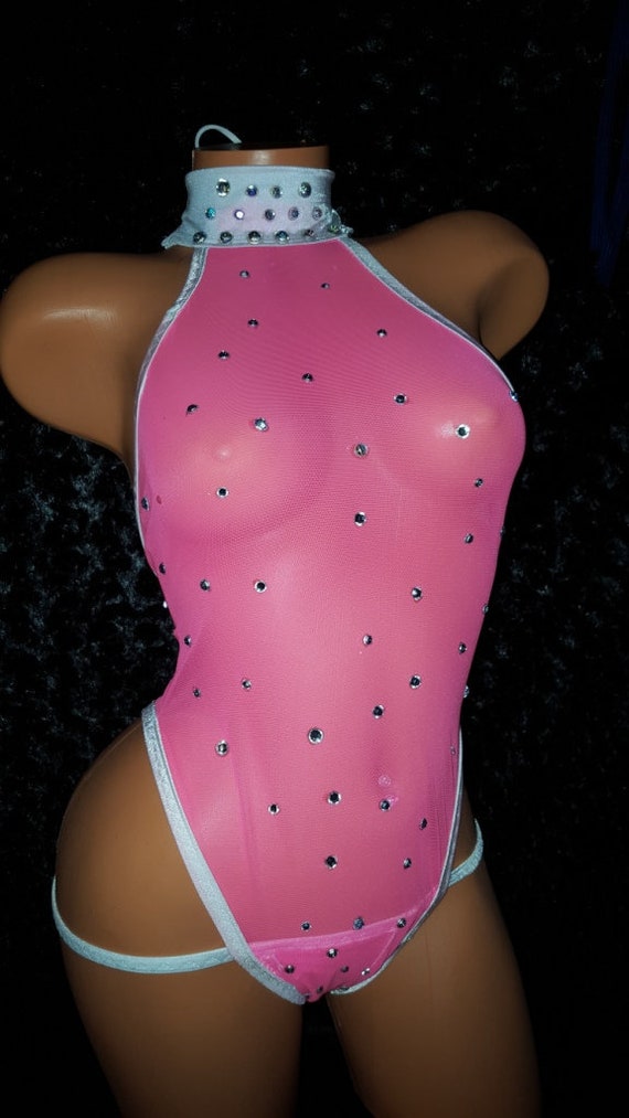 One Piece Full Bottom Scrunch Butt w/thong.  Exoticwear, Rhinestones, Pink&White See-thru, Neon, Handmade, On Sale, Glows Neon, Hand Made