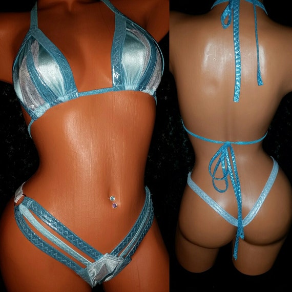 Two Piece Baby Blue and Metallic Blue Spider Thong Set.  Triangle top with metallic embellishments. Neon Yellow Glow, Black Stripper Outfit