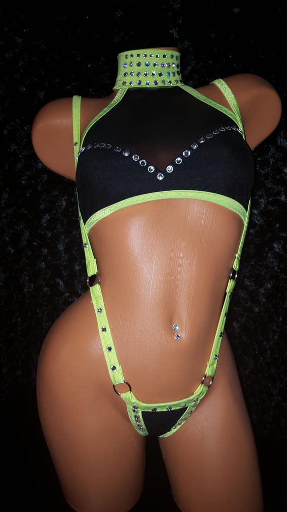 Sling-shot Stripper Outfit, Exotic Dancewear, Rhinestones, w/Crop Top ties in back
