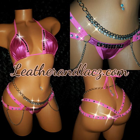 Two Piece Thong Set Double Strap Thong, Yaya Han Vinyl Leather Look Cosplay Fabric, & Chains, Rhinestones, Studs, on hand ready to ship now