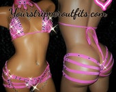 Two Outfits,#1 Hot Pink Quad thong set (full bottom) Triangle top, Choker, Chain Stones #2 Black Hi-Waist Shorts, Triangle top, Stones