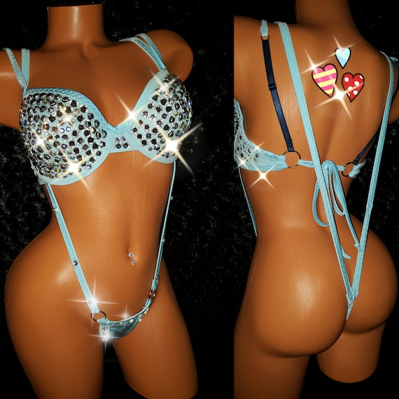 Stripper Clothes Underwire Push up Bra Set Rhinestones Stripper Danc Wear,  Sling Shot Thong, Pole Dance, Exoticwear, Bling Rave Sexy Bad Ass