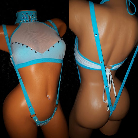 Sling-shot Stripper Outfit, Exotic Dancewear, Rhinestones, w/Crop Top ties in back