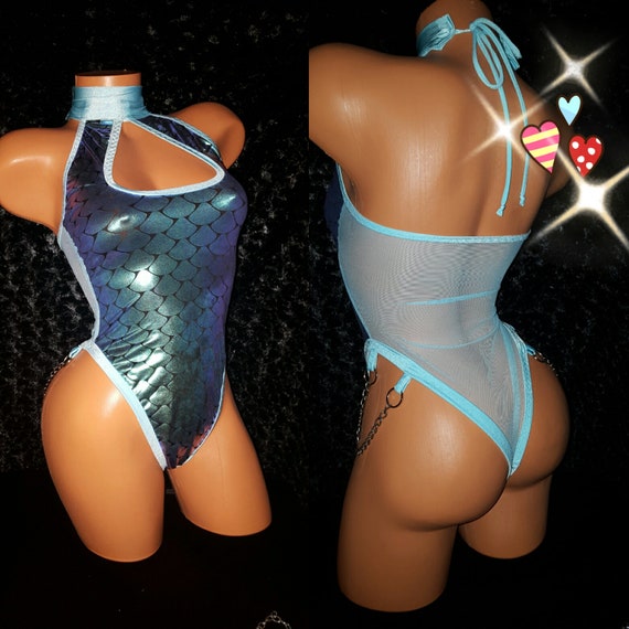 Exotic wear, Ocean Blue "Scales" Yaya Han Cosplay Fabric and See Thru Net One Piece, Chain, Classy,  Stripper Outfit. Hand Made