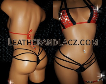 One of a Kind Hand Made Red and Black Thong and Rhinestone Rectangle Bikini Top w/Chain Garter, Wide Hole Silver Beads,Crystal, Exotic wear